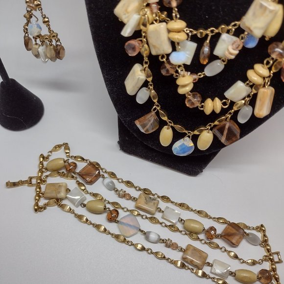 Three Piece Set Necklace in Tones of Cream, Blues, Pinks and Gold - Picture 9 of 13